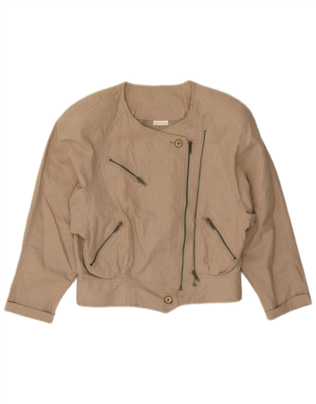 Vintage Dame Bomber Jacket IT 44 Medium Beige Linen Biker