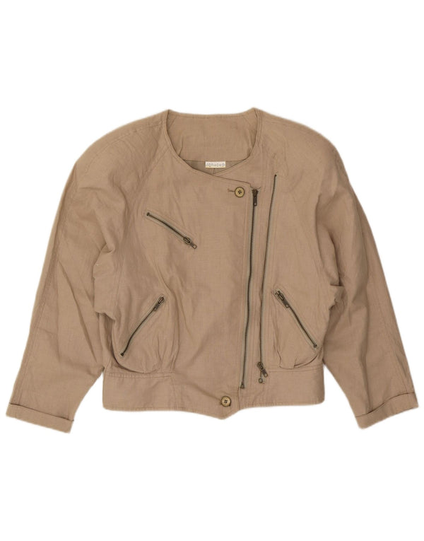 Vintage Dame Bomber Jacket IT 44 Medium Beige Linen Biker