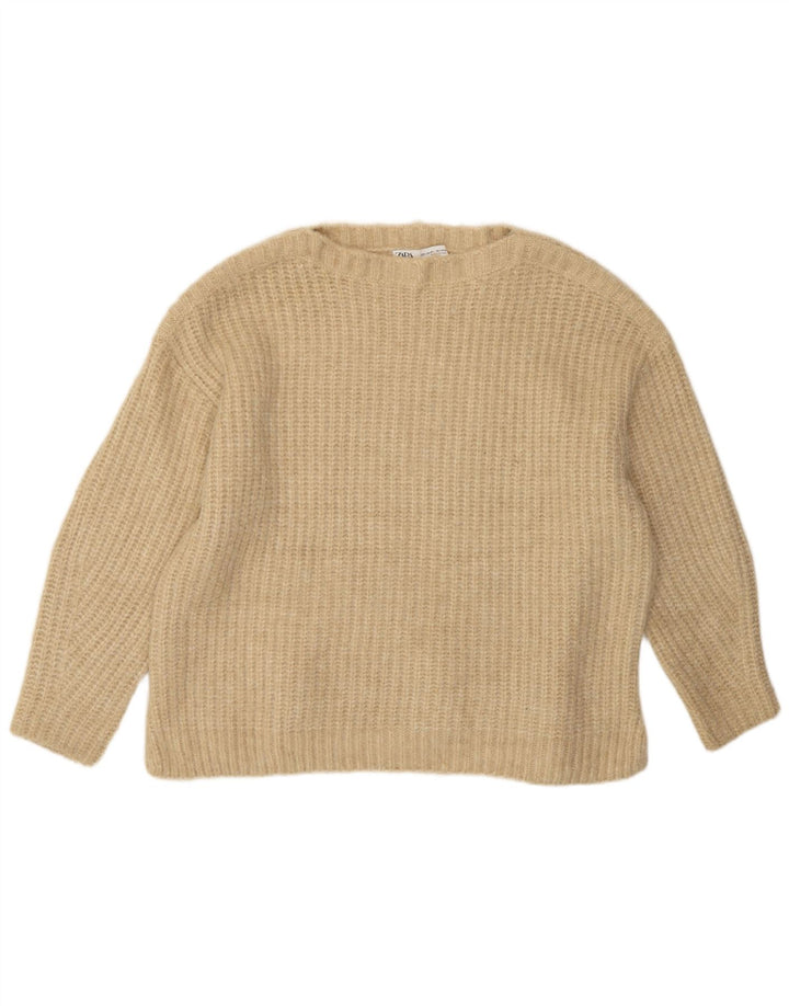 Zara Dame Oversized Boat Neck Jumper Sweater UK 14 Medium Beige Polyester