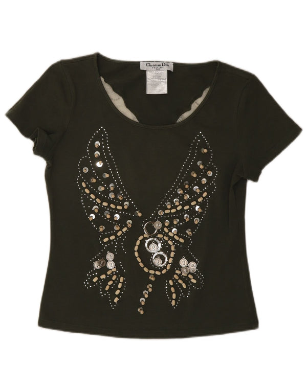 Christian Dior Dame Grafisk T-Shirt Top UK 14 Medium Khaki Butterfly