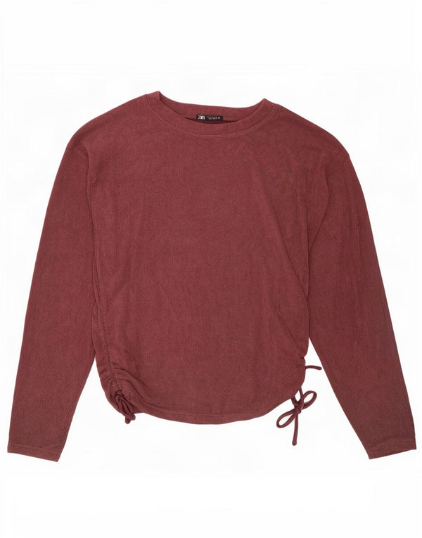 Zara Dame Velour Top Langærmet UK 14 Medium Burgundy Polyester