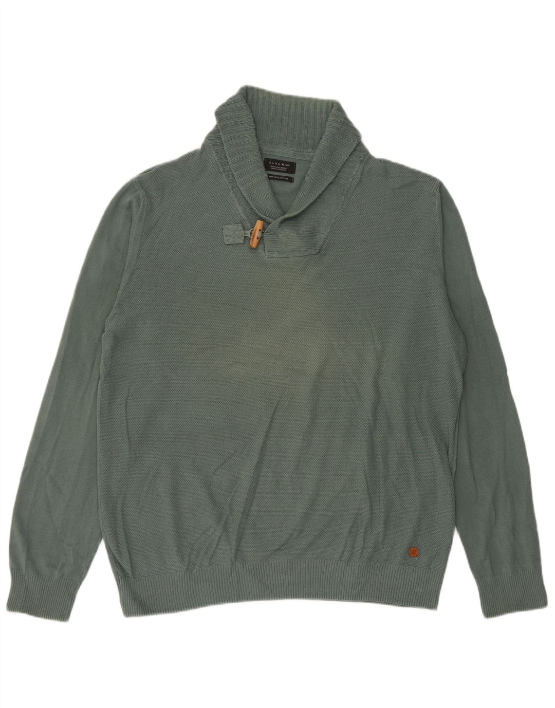Zara Herre Shawl Neck Jumper Sweater Stor Grøn Bomuld