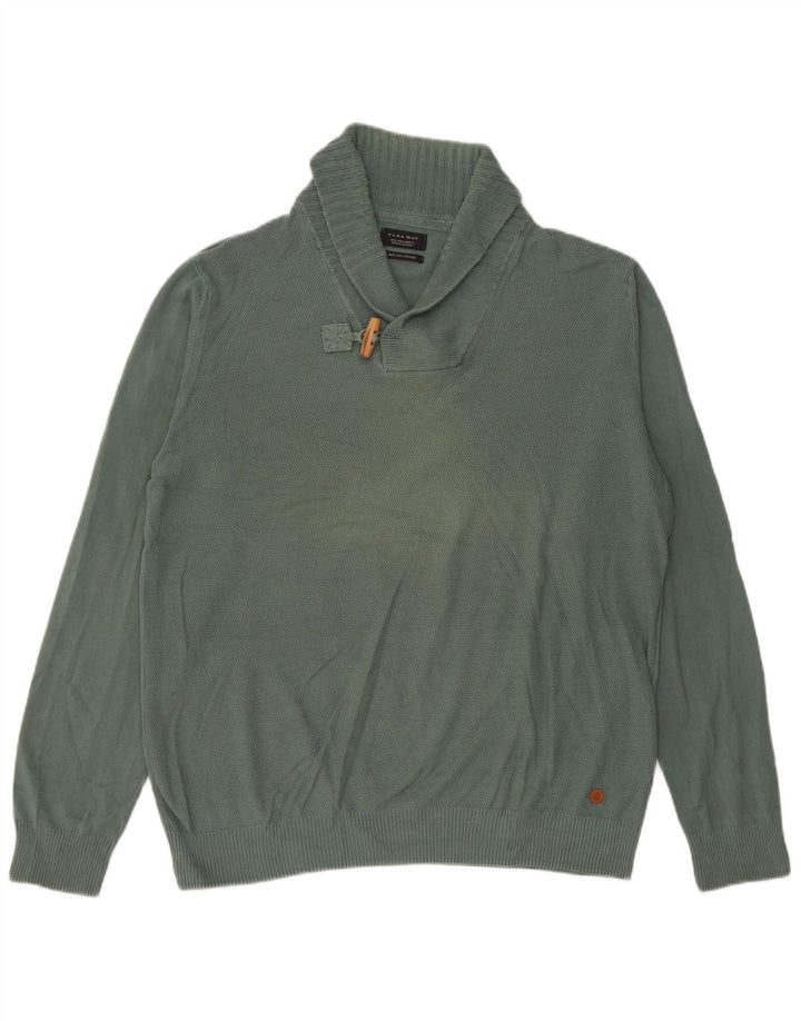 Zara Herre Shawl Neck Jumper Sweater Stor Grøn Bomuld