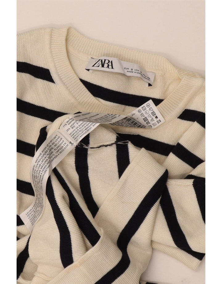Zara Dame Crop Top Langærmet UK 8 Lille hvid stribet viskose