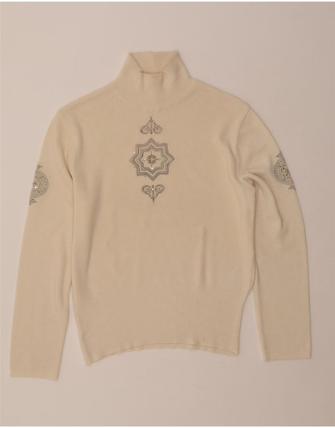 BOGNER Dame Turtle Neck Jumper Sweater UK 16 Large Beige Paisley Wool