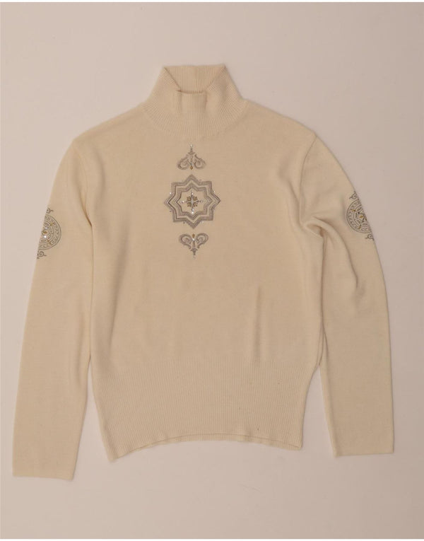 BOGNER Dame Turtle Neck Jumper Sweater UK 16 Large Beige Paisley Wool