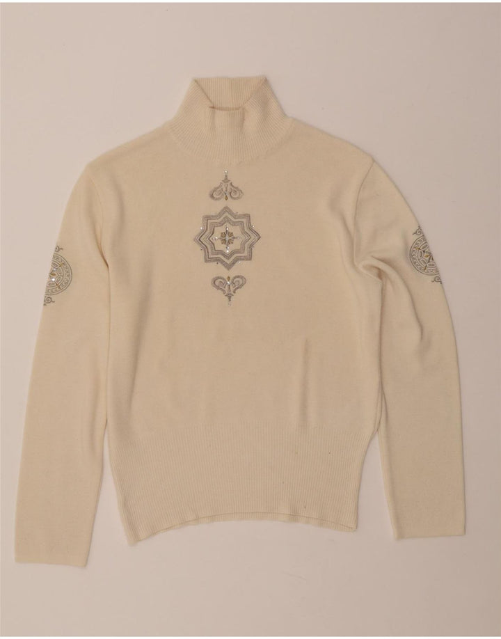 BOGNER Dame Turtle Neck Jumper Sweater UK 16 Large Beige Paisley Wool