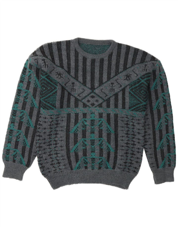 Vintage herre grafisk rund hals sweater mellem grå stribet retro