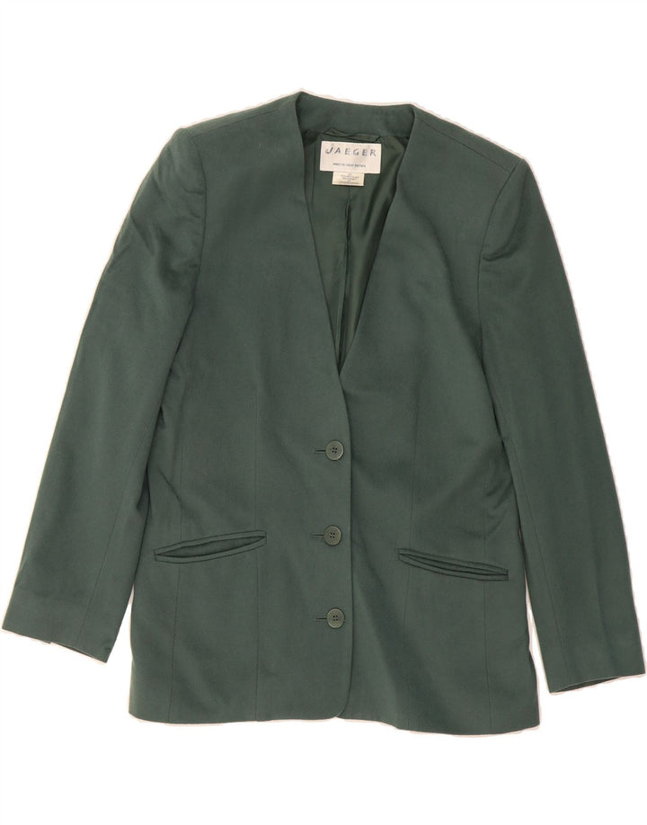 JAEGER Womens 3 Button Blazer Jacket UK 14 Medium Green Wool Vintage Jaeger and Second-Hand Jaeger from Messina Hembry 
