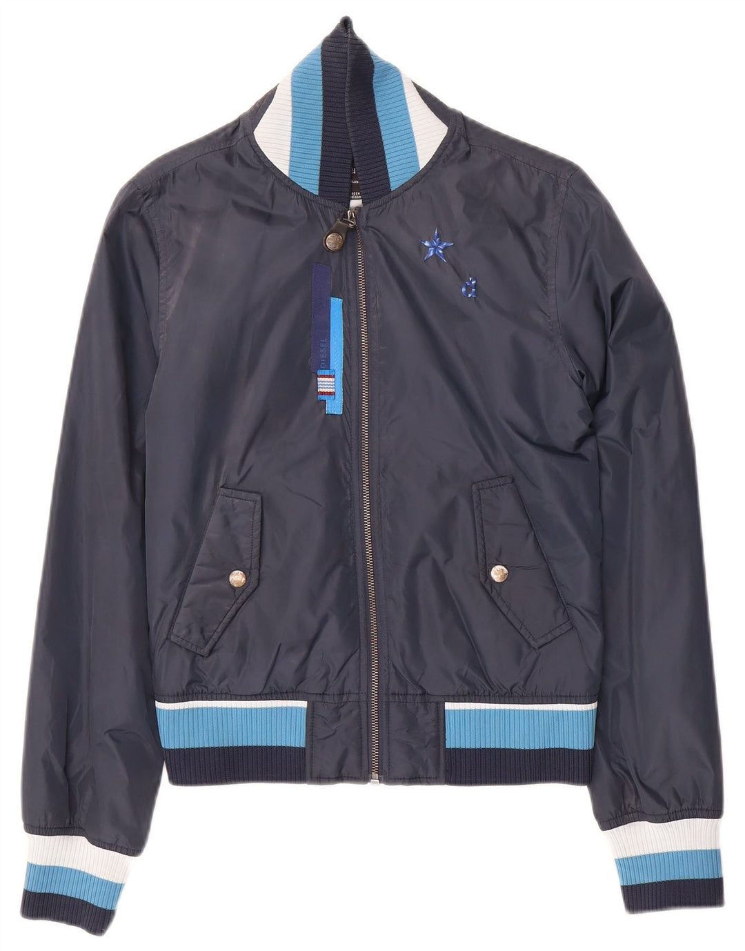 DIESEL Mens Graphic Bomber Jacket UK 36 Small Navy Blue Colourblock Nylon