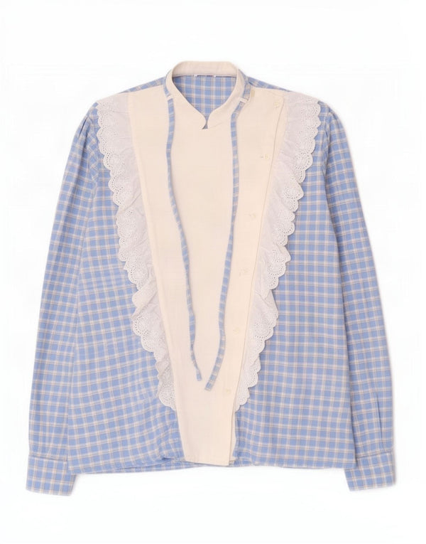 Vintage Womens Ruffle Front Shirt UK 16 Large Blue Check