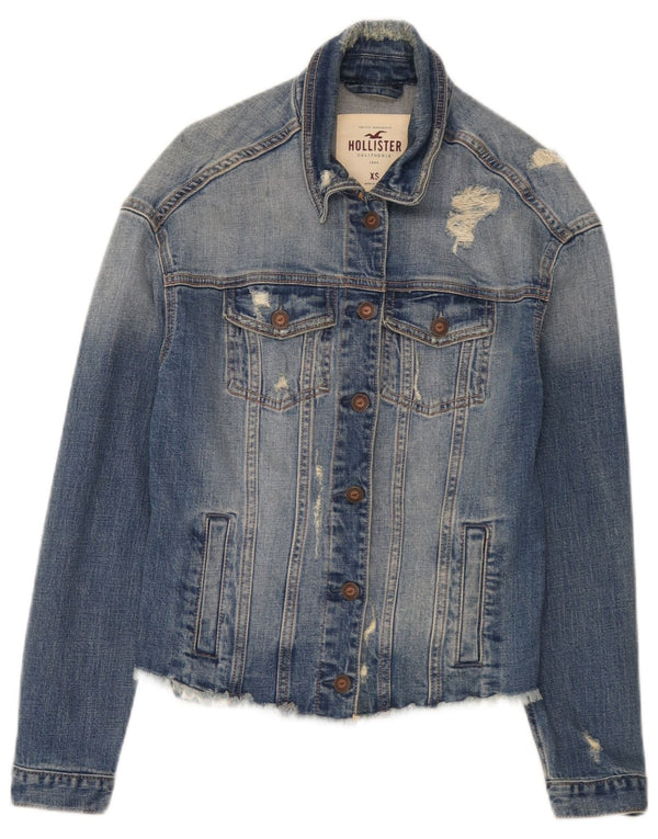 Hollister Dame Distressed Denim Jacket UK 6 XS Blue Cotton
