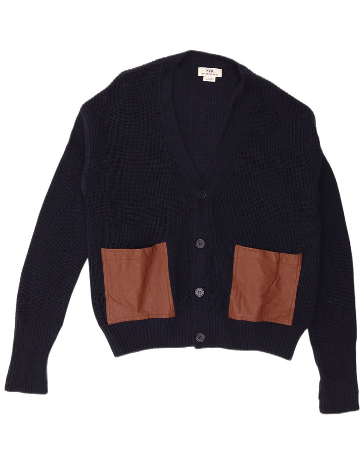 Zara Herre Cardigan Sweater Stor Marineblå Colourblock Bomuld