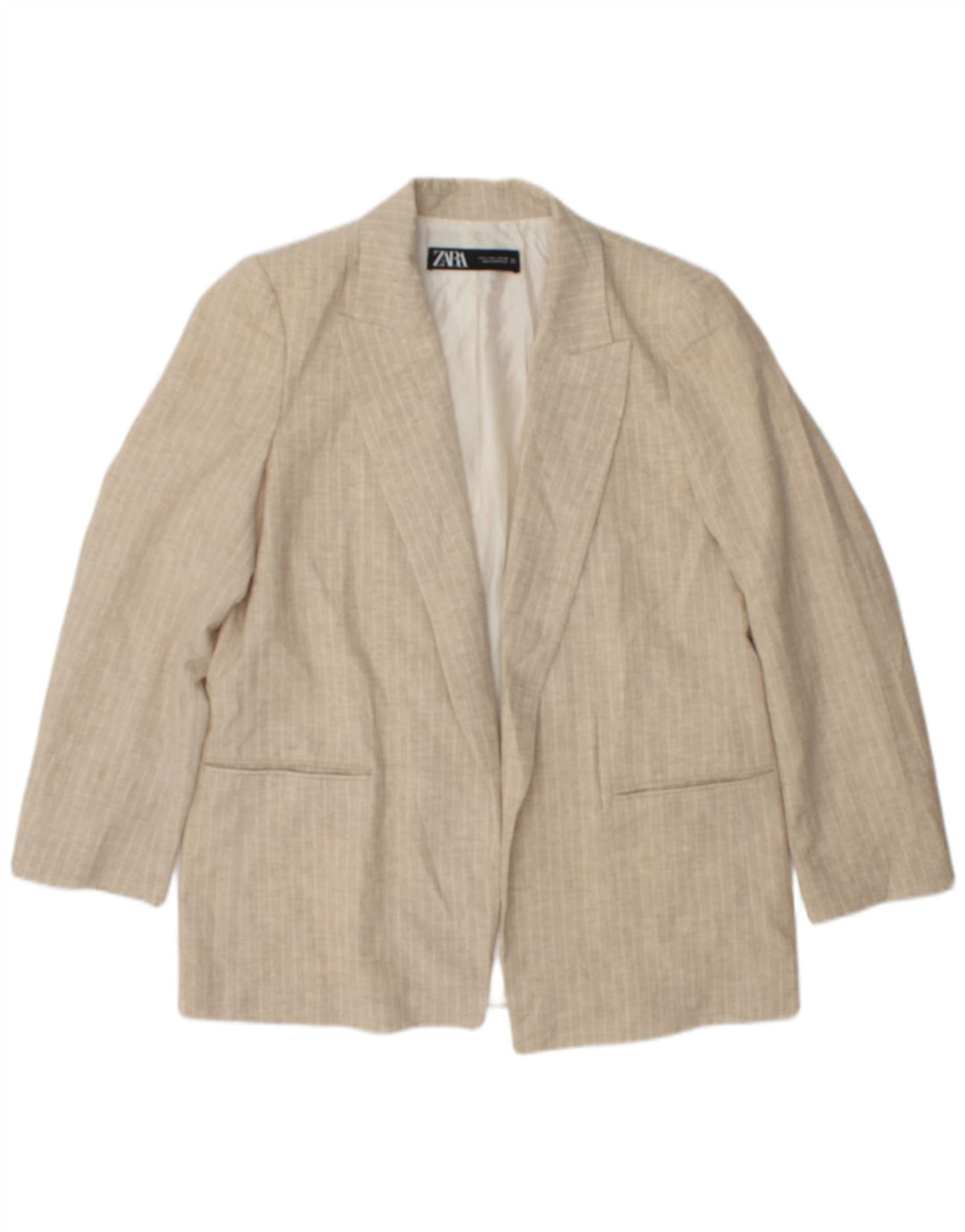 Zara Womens Open Blazer Jacket UK 16 Stor Beige Stribet