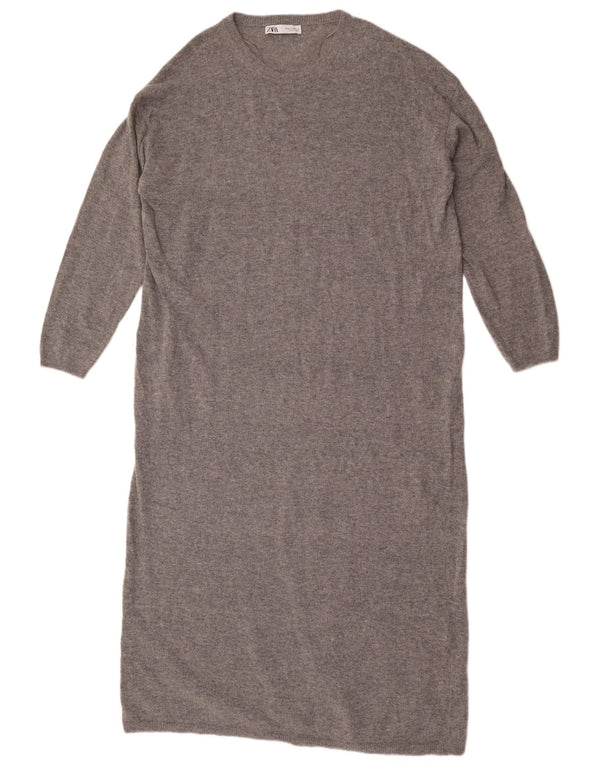 Zara Dame Maxi Langærmet Jumper Kjole UK 14 Medium Grey Uld