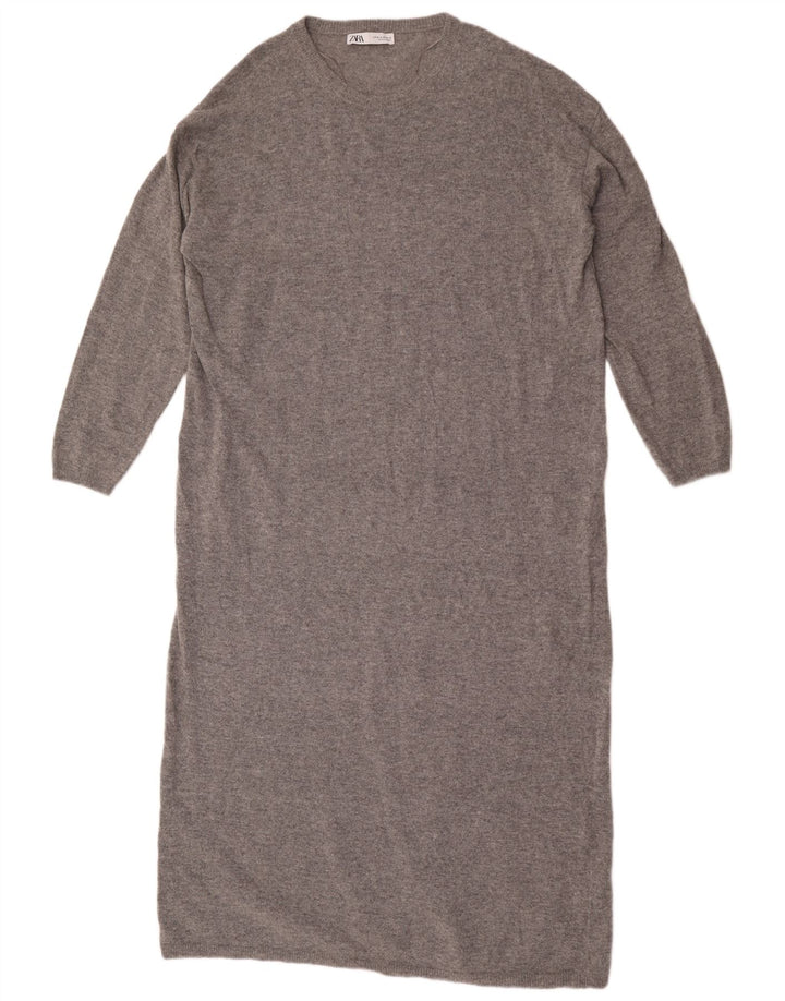 Zara Dame Maxi Langærmet Jumper Kjole UK 14 Medium Grey Uld