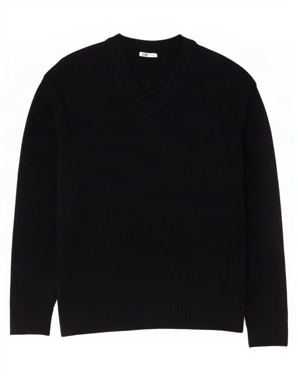 Zara Mens V-Neck Jumper Sweater Large Black Cotton