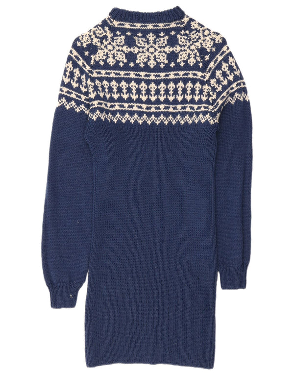 Vintage Dame Langærmet Jumper Kjole UK 10 Small Blue Fair Isle