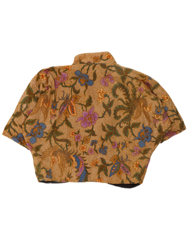 VINTAGE Kortærmet Bolero Top til kvinder UK 20 2XL Brun Blomsterbomuld