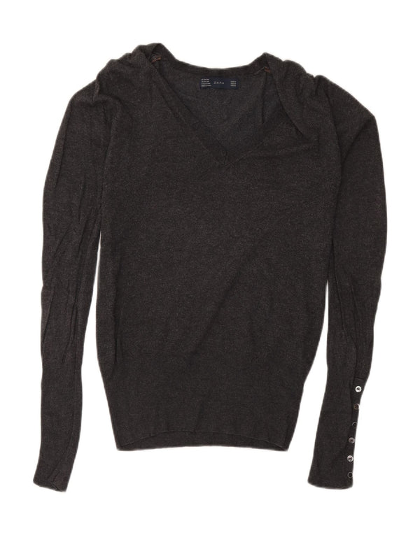 Zara Dame V-hals sweater UK 12 Medium Grey Flecked Rayon