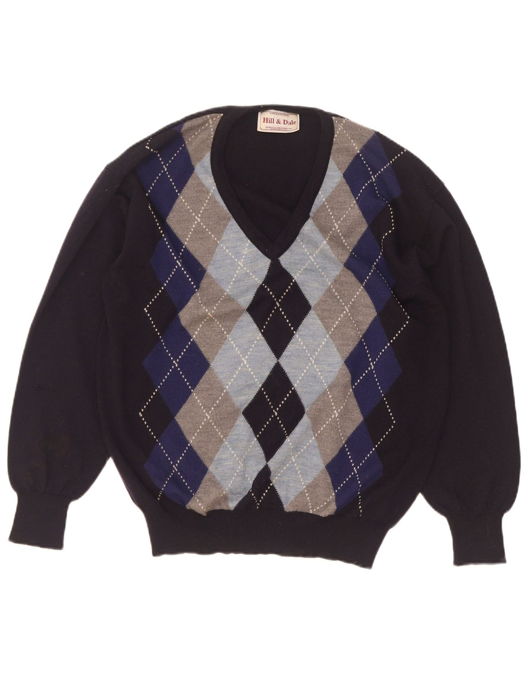 Vintage Herre V-hals sweater IT 48 Medium Navy Blue Argyle/Diamond