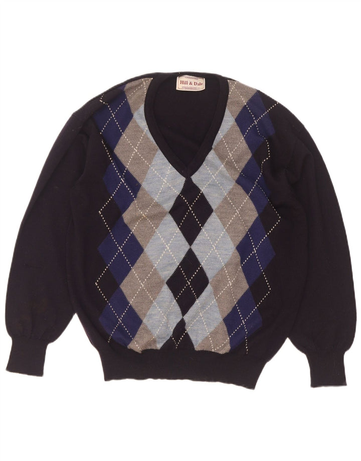 Vintage Herre V-hals sweater IT 48 Medium Navy Blue Argyle/Diamond