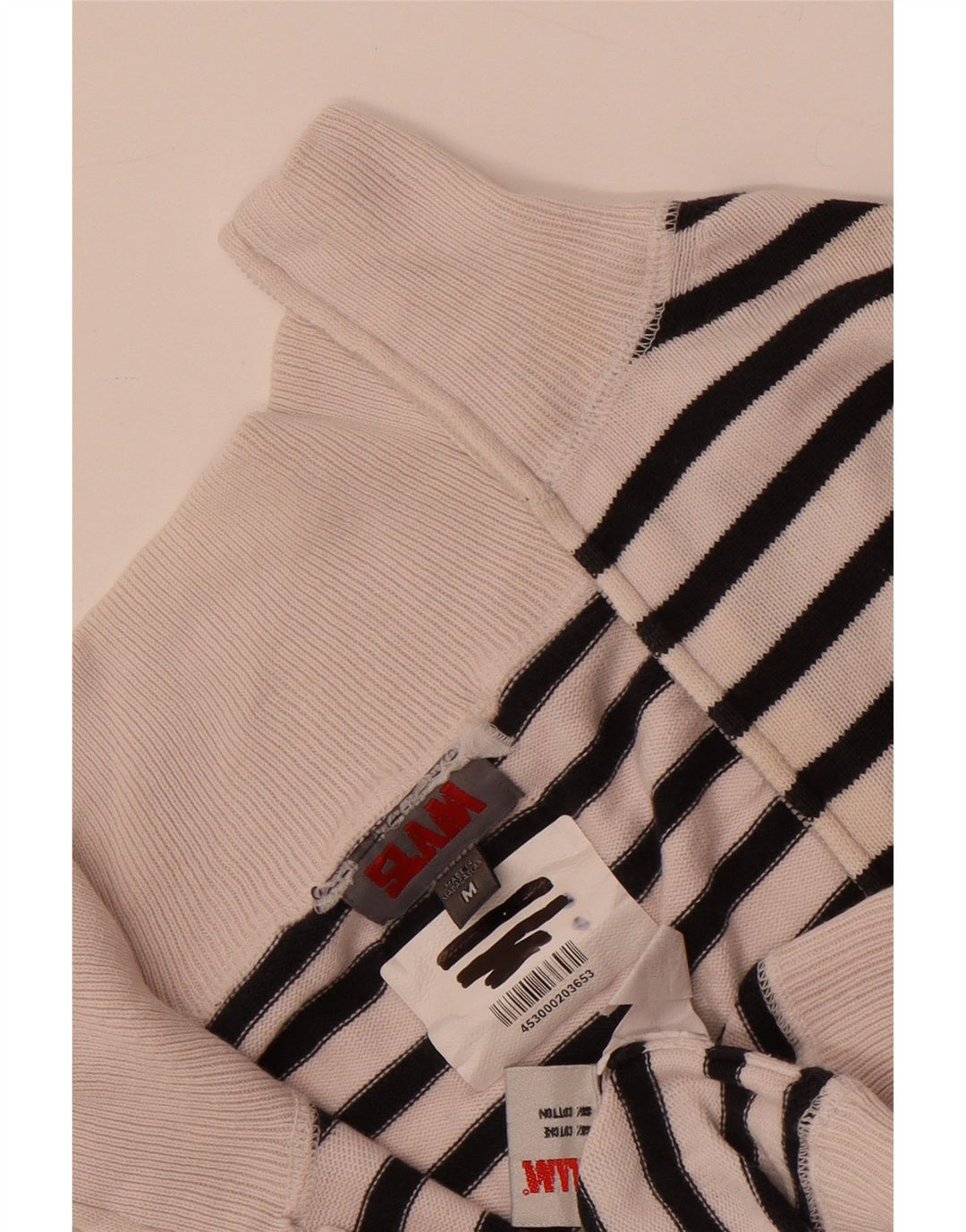 Slam Dame Zip Neck Jumper Sweater UK 14 Medium hvid stribet bomuld