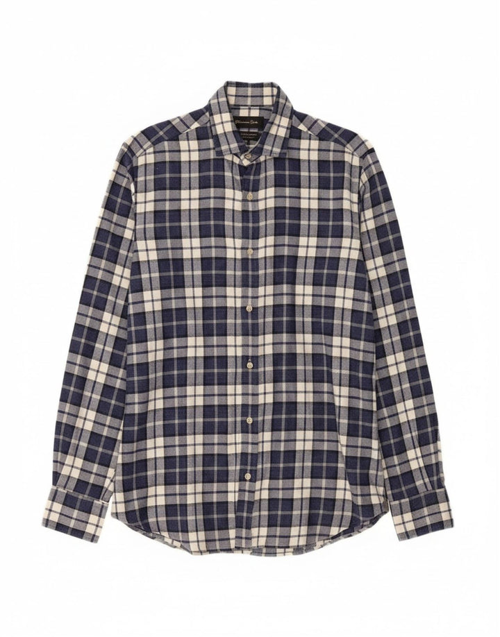MASSIMO DUTTI Mens Flannel Shirt Small Navy Blue Check Cotton