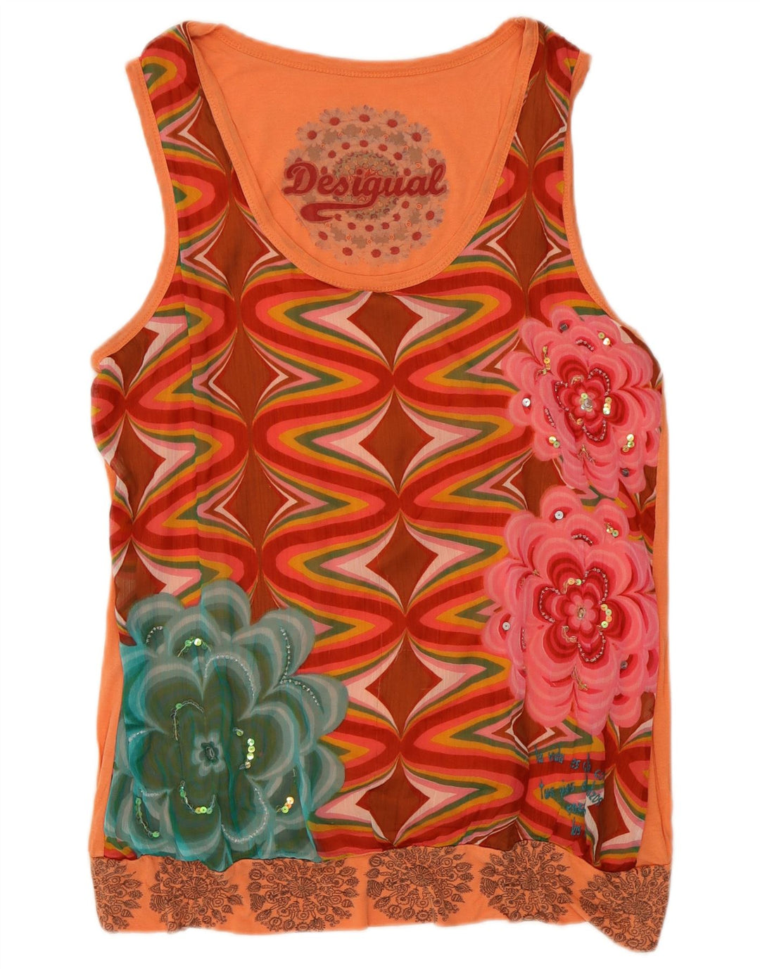 Desigual Kvinders Grafisk Vest Top UK 14 Medium Orange Floral