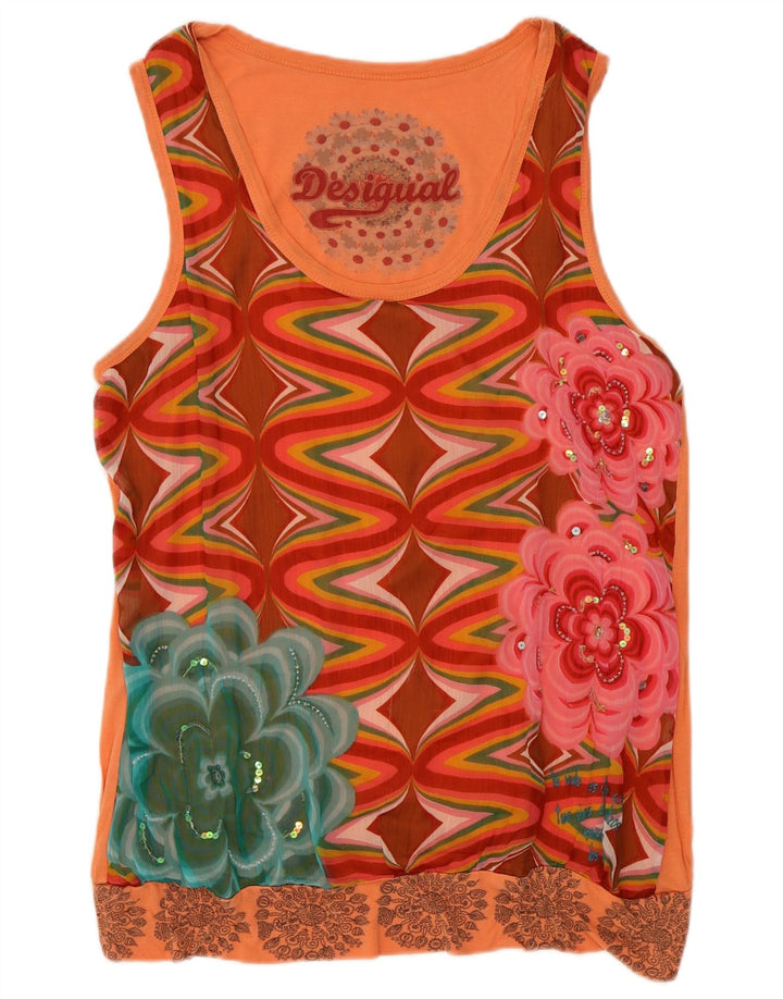 Desigual Kvinders Grafisk Vest Top UK 14 Medium Orange Floral