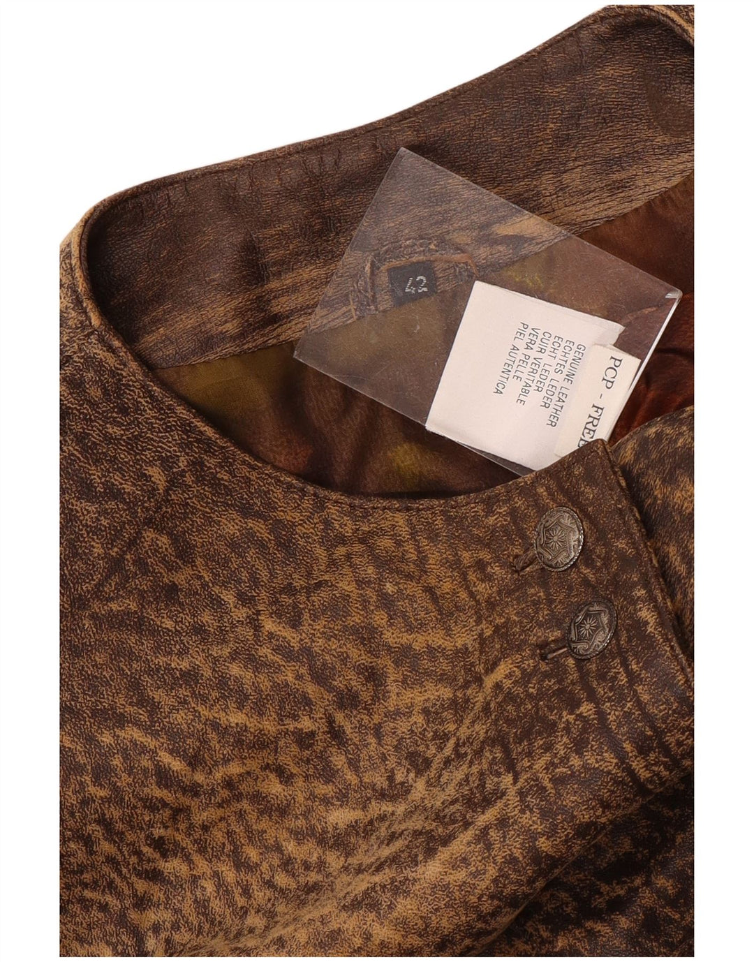 Vintage Dame Crop Læderjakke IT 42 Medium Brown Animal Print Læder