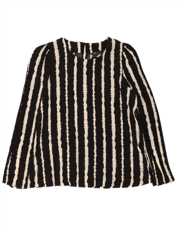 Marks & Spencer Dame Langærmet Bluse Top UK 10 Lille Sort Stribet