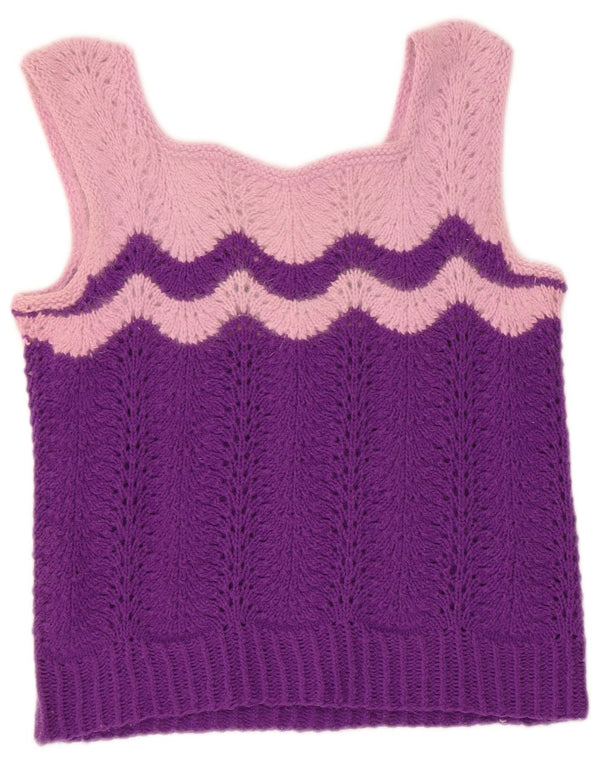 Vintage ærmeløs strikblusetop til kvinder, UK 4 XS Lilla Colourblock