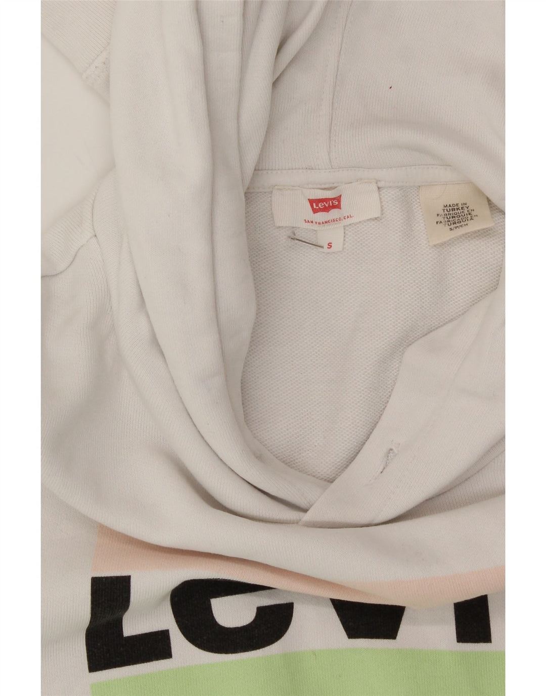 LEVI'S Mens Graphic Hoodie Jumper Small White Cotton Vintage Levi's and Second-Hand Levi's from Messina Hembry 