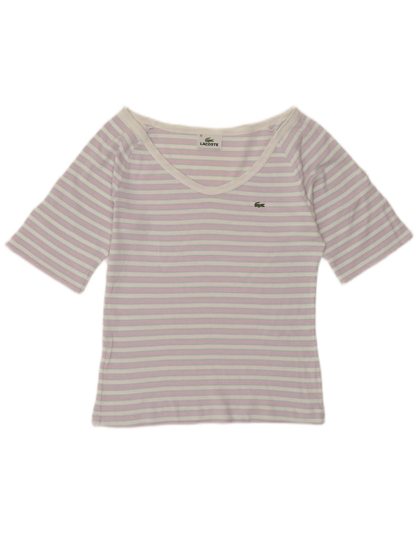 LACOSTE Dame Crop Off Shoulder T-Shirt Top EU 38 Medium Lilla Stribet