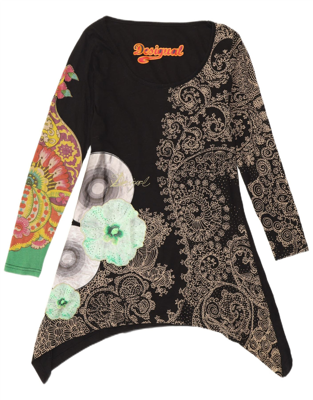 Desigual Dame Grafisk Asymmetrisk Tunika Top UK 10 Small Black Floral