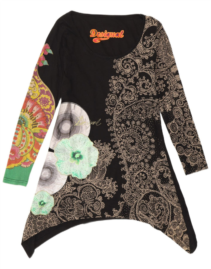 Desigual Dame Grafisk Asymmetrisk Tunika Top UK 10 Small Black Floral