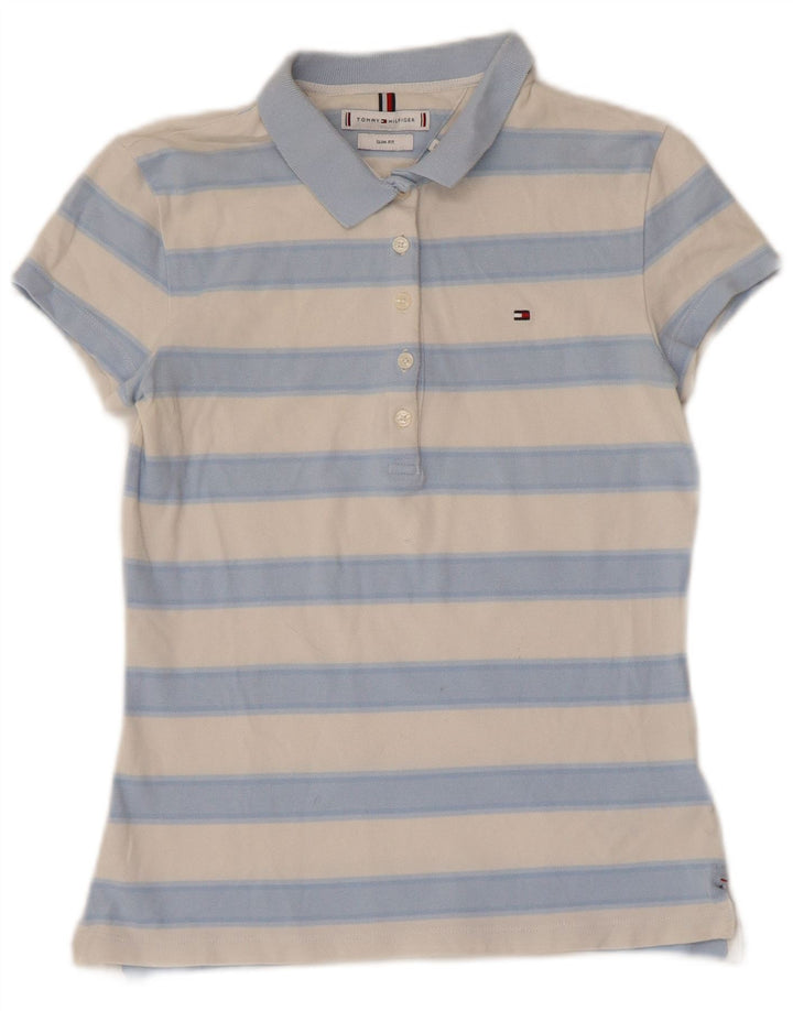 TOMMY HILFIGER Dame Slim Fit Polo Shirt UK 6 XS blå stribet bomuld