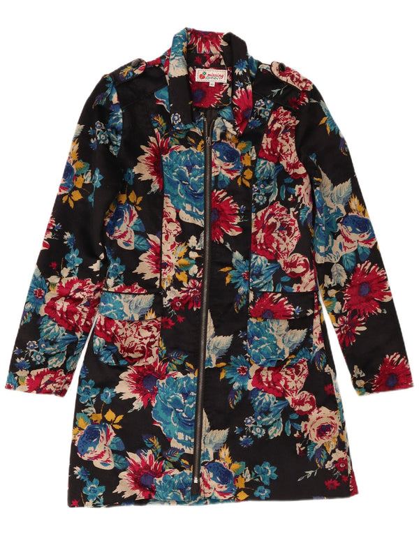 Vintage Kvinders Velvet Military Overcoat UK 6 XS Black Floral Bomuld
