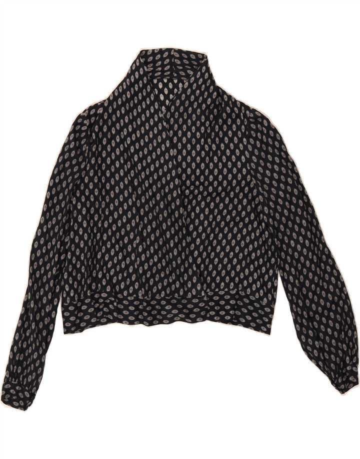 VINTAGE Womens Abstract Pattern Crop Blouse Top UK 14 Medium Navy Blue Vintage Vintage and Second-Hand Vintage from Messina Hembry 