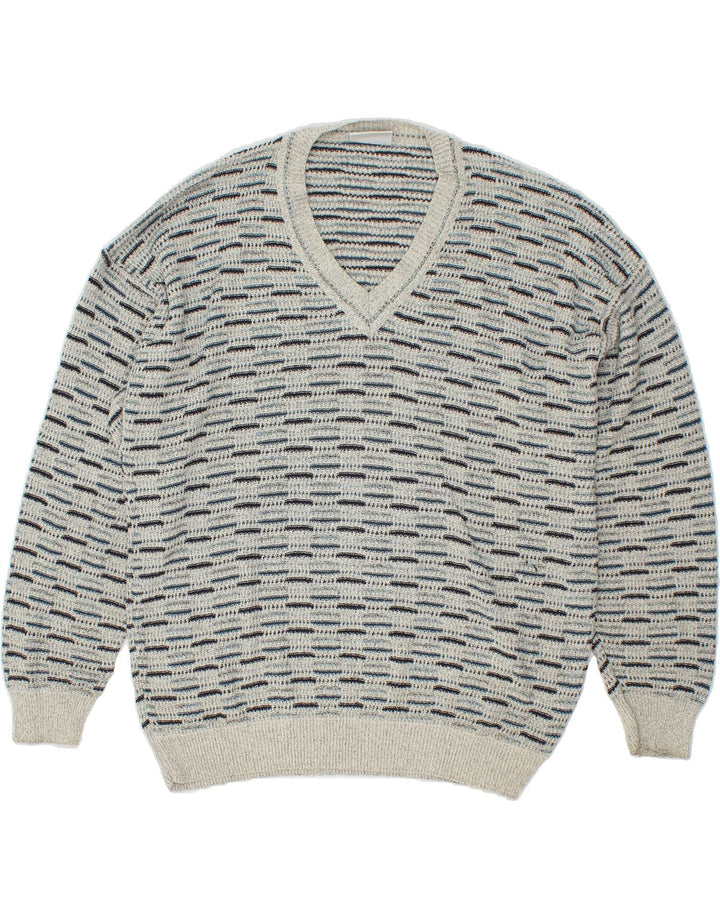 MONELLO Mens V-Neck Jumper Sweater XL Grey Striped Vintage Monello and Second-Hand Monello from Messina Hembry 