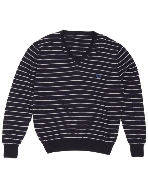 Vintage herre V-hals sweater 2XL marineblå stribet bomuld
