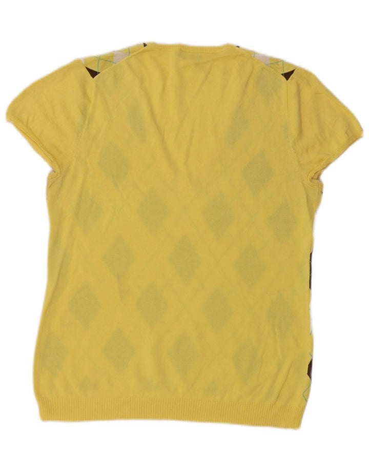 J. CREW Dame V-hals sweater UK 12 Medium Yellow Argyle/Diamond