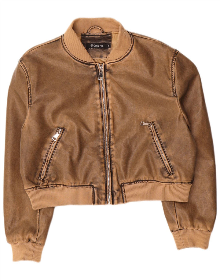 Vintage Kvinders Crop Faux Leather Bomber Jacket UK 14 Medium Brown