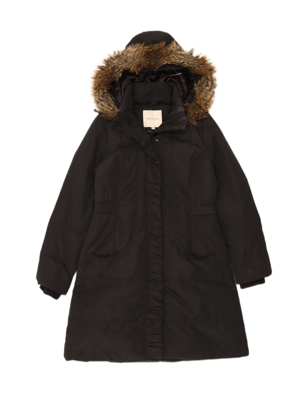 Monsoon Dame Hætte Polstret Frakke UK 14 Medium Sort Polyester