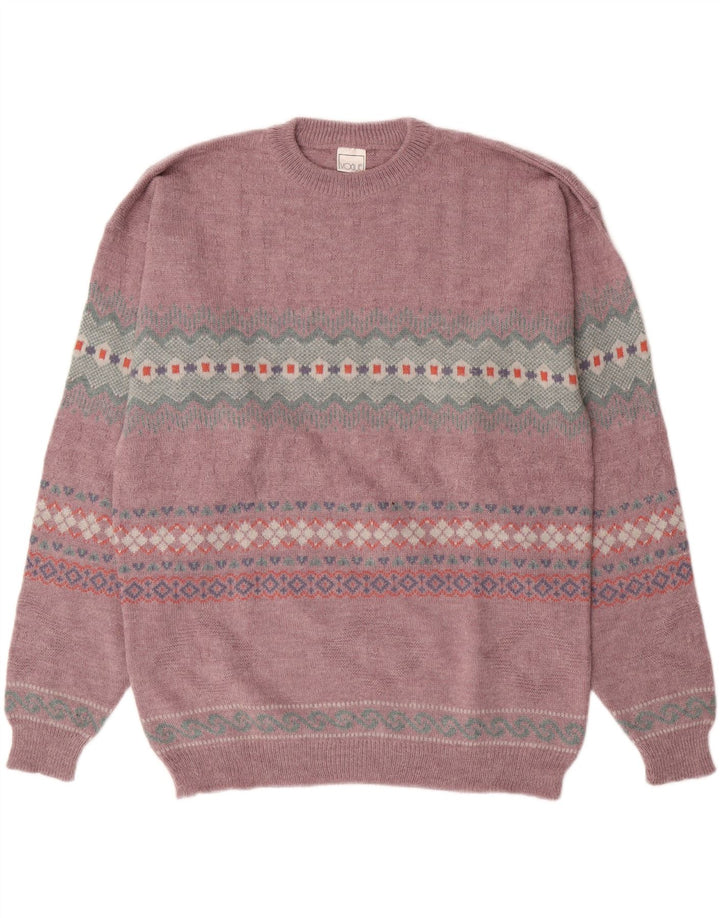 VOGUE Mens Crew Neck Jumper Sweater Medium Pink Fair Isle Acrylic