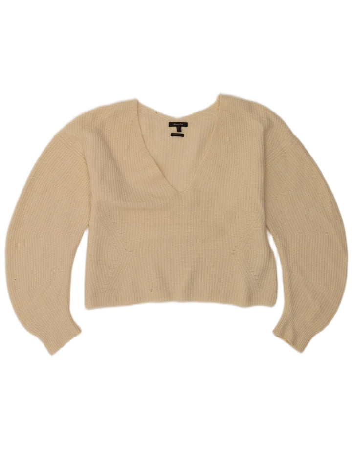 Massimo Dutti Dame Crop V-hals sweater UK 14 Medium Off White Uld