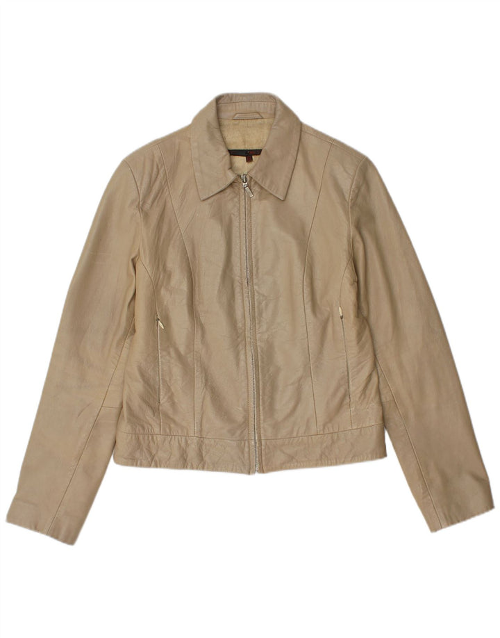 Zara Womens Crop Læderjakke UK 14 Large Beige Læder