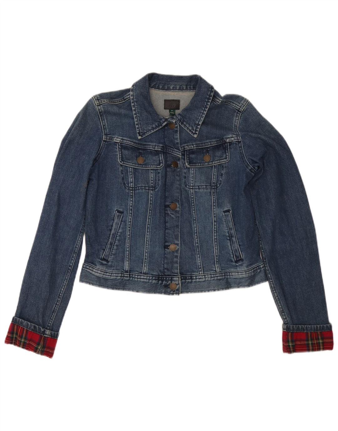 Ralph Lauren Dame Crop Denim Jacket UK 12 Medium Blue Check Cotton