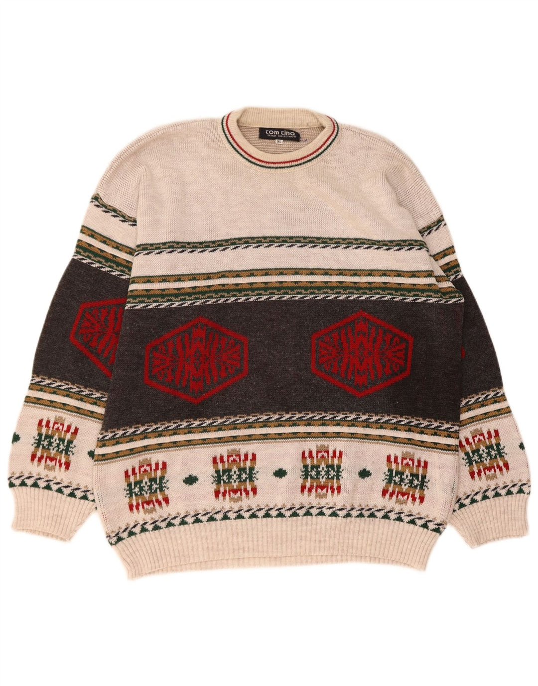 TOM TINO Mens Crew Neck Jumper Sweater XL Multicoloured Fair Isle